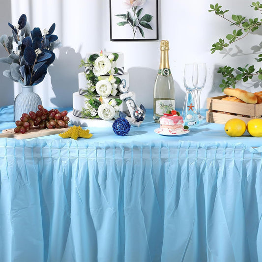 Oudain 6 Pcs Plastic Table Skirts and Stainproof Table Cloths 54 x 108 in Plastic Ruffle Tablecloth 168 x 29 Inches Disposable for Wedding Baby Shower Valentine Spring Easter Party(White)