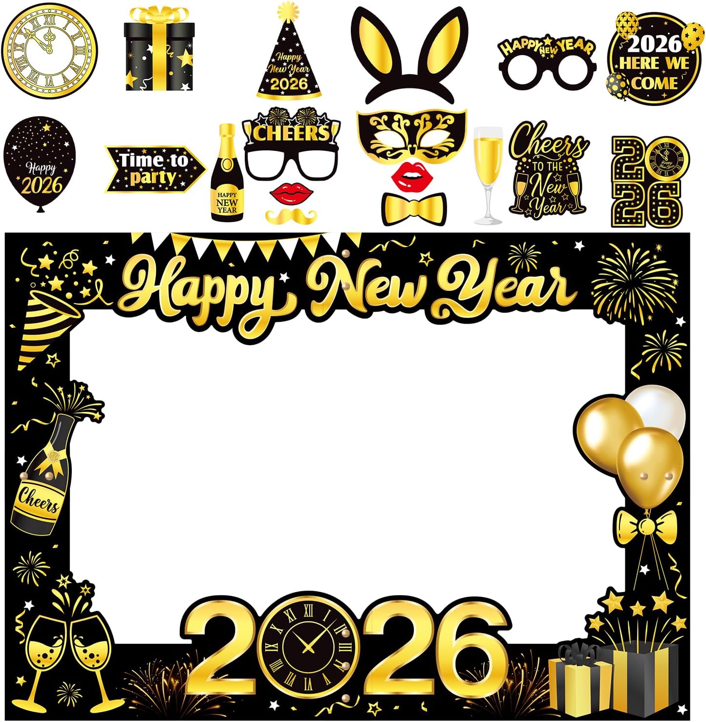New Years Eve Decorations 2026, Giant Happy New Year Selfie Frame, 18pcs New Year Photo Booth Props, Happy New Year Decorations 2026, Funny New Year Eve Party Supplies 2026