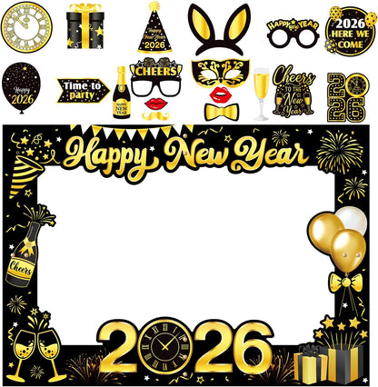 New Years Eve Decorations 2026, Giant Happy New Year Selfie Frame, 18pcs New Year Photo Booth Props, Happy New Year Decorations 2026, Funny New Year Eve Party Supplies 2026