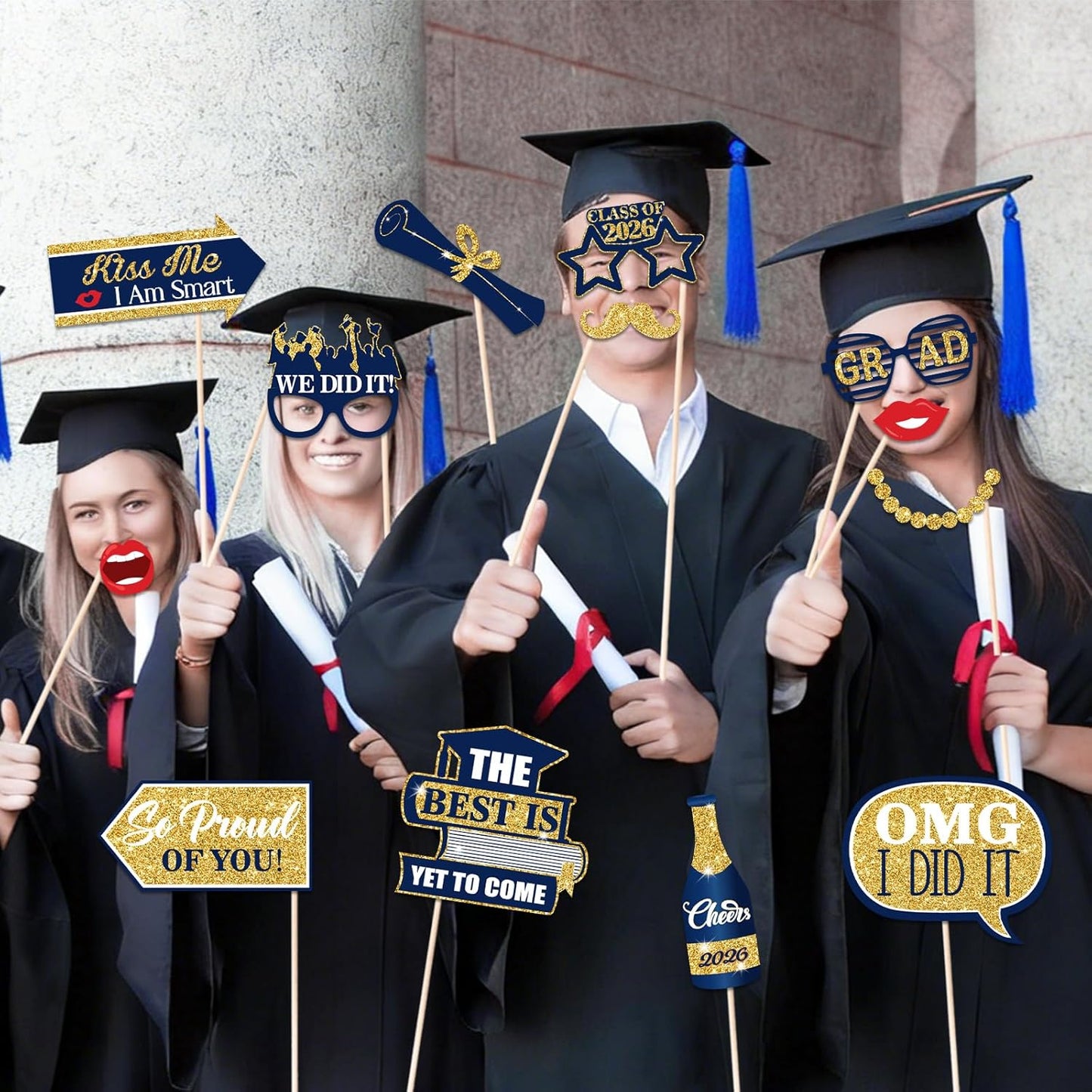 46Pcs Blue Gold Graduation Photo Booth Props 2026 Graduation Decorations with Sticks Class of 2026 Grad Party Favors Supplies for High School & College