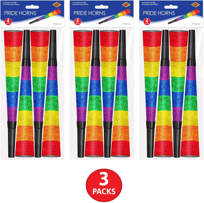Beistle Pride Horns – 12-Pack Rainbow Party Horns With Sparkling Crinkle Film and Jumbo Black Plastic Mouthpieces for Parades, Pride Month, LGBTQ+ Events, Gay Support and Inclusive Celebrations, 9”