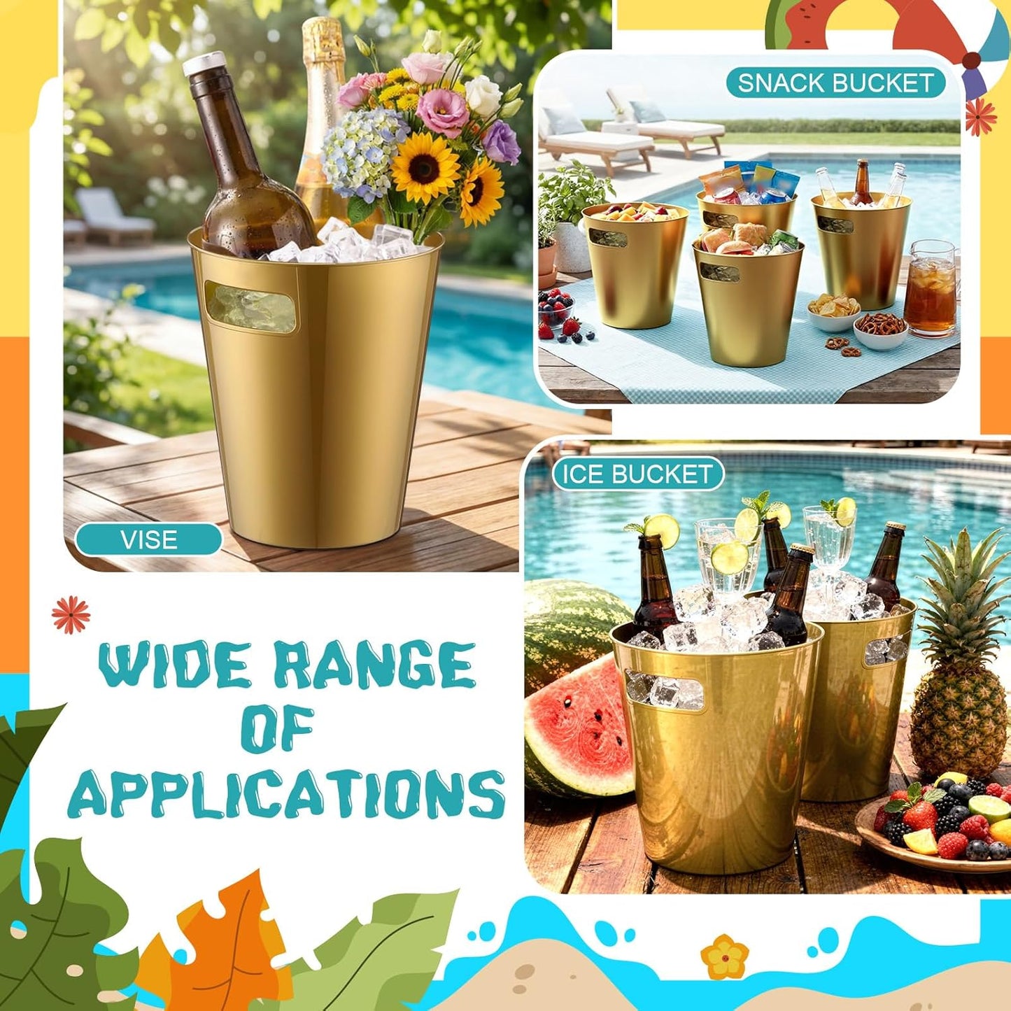 meekoo 32 Pack Gold Ice Buckets for Parties, 3l Plastic Beverage Bucket with Handle, Large Drink Tub Cooler for Champagne, Wine, Beer, and Soda, Beverage Tubs for Wedding, Bar, Table Display