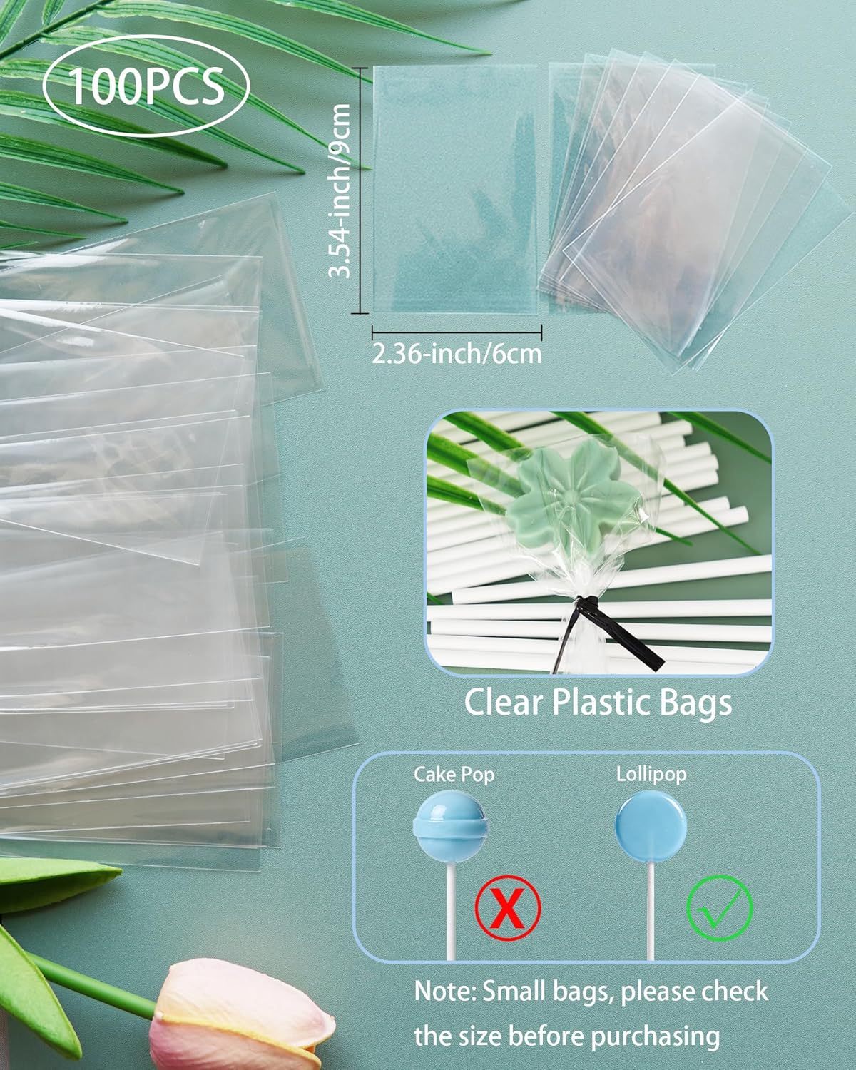 4-inch White Lollipop Sticks and Bags Set, 100Pcs Paper Candy Sticks,100Pcs Clear Bags, 100Pcs Twist Ties for Hard Candy, Chocolate, Cookie, Dessert (Gold)