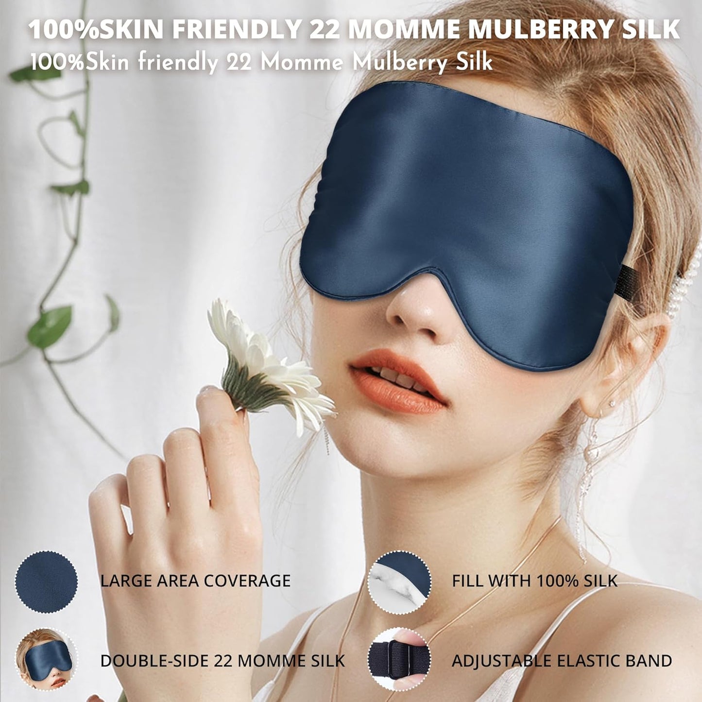 Silk Eye Mask with Adjustable Strap, Satin Blackout Sleeping Mask for Men&Women, Comfortable Blindfold Eyeshade for Night Sleep(Blue)