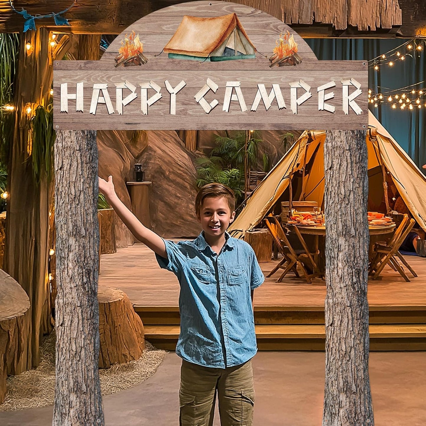 Peryiter 3 Pcs Camping Themed Party Decorations Banner Welcome Porch Sign with 1 Double Sided Tape for Summer Camp Birthday Hawaii Baby Shower Themed Party Activity Decor door (Forest Style)