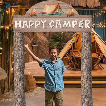 Peryiter 3 Pcs Camping Themed Party Decorations Banner Welcome Porch Sign with 1 Double Sided Tape for Summer Camp Birthday Hawaii Baby Shower Themed Party Activity Decor door (Forest Style)