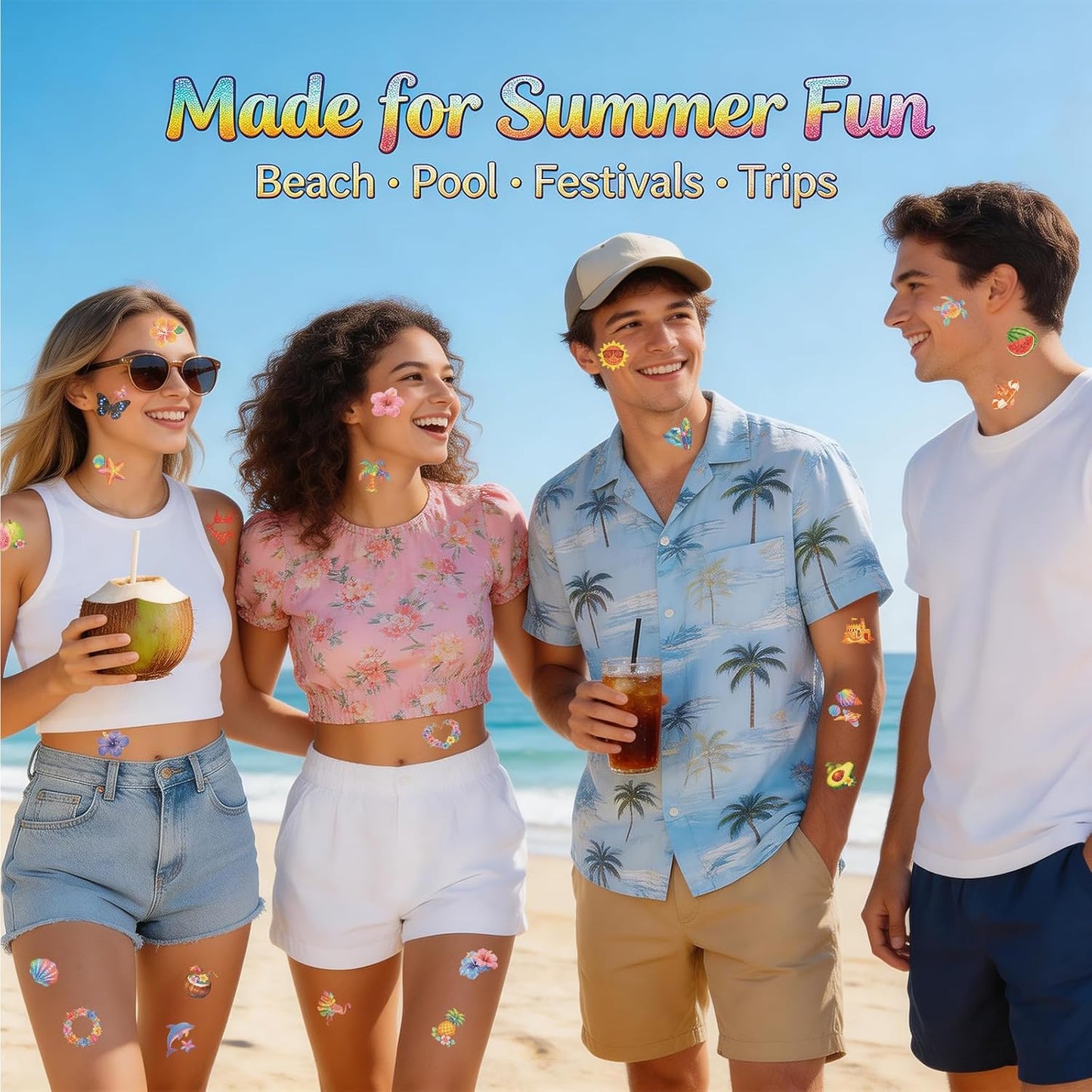 96 PCS Glitter Hawaiian Pre-Cut Temporary Tattoos, Tropical Fake Tattoo Stickers for Luau Party, Aloha Theme, Beach Summer Party Decorations & Party Favors