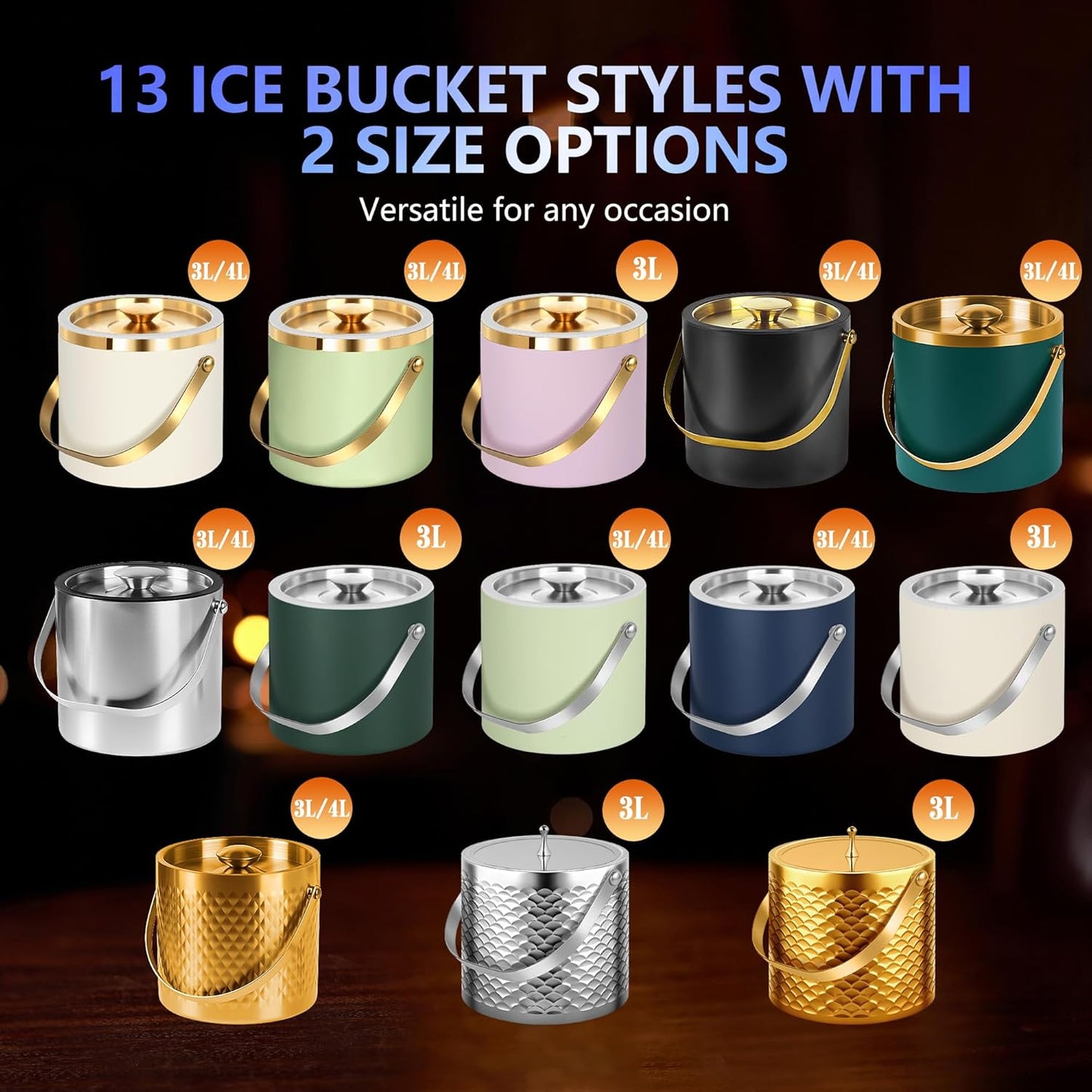 Ice Bucket, Ice Bucket with Silicone Sealing Ring Double-Wall Vacuum Insulation Champagne Buckets with Filter Layer Ice Tongs Ice Scoop (Gold, 3 L)