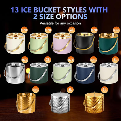 Ice Bucket, Ice Bucket with Silicone Sealing Ring Double-Wall Vacuum Insulation Champagne Buckets with Filter Layer Ice Tongs Ice Scoop (Gold, 3 L)