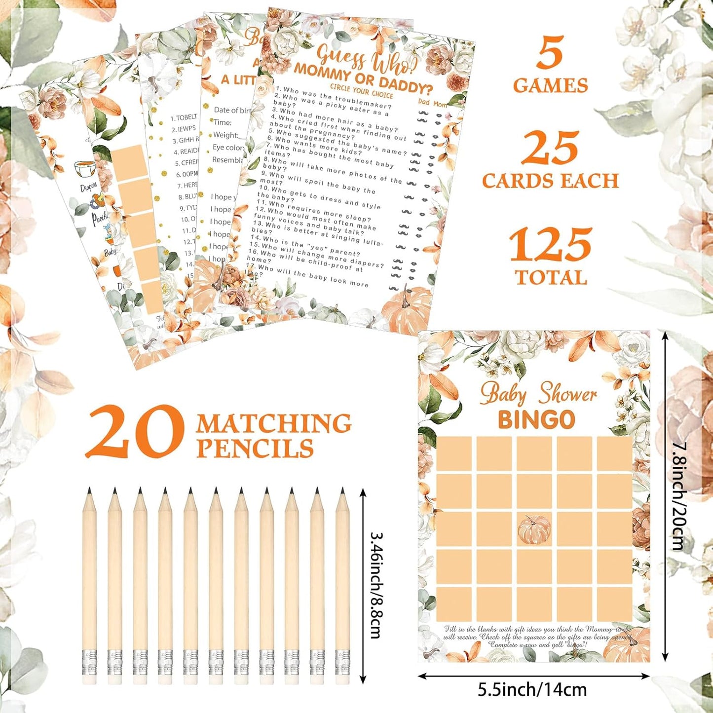 Yinder 145 Pcs Baby Shower Games Activities Cards with 20 Pencils Includes Baby Bingo Description and Wishes Guess Who Price is Right Word Scramble Game(Here Comes the Son)