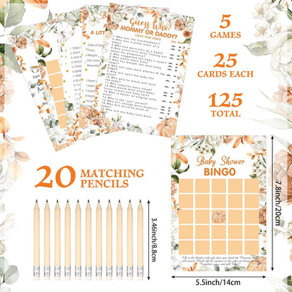 Yinder 145 Pcs Baby Shower Games Activities Cards with 20 Pencils Includes Baby Bingo Description and Wishes Guess Who Price is Right Word Scramble Game(Here Comes the Son)