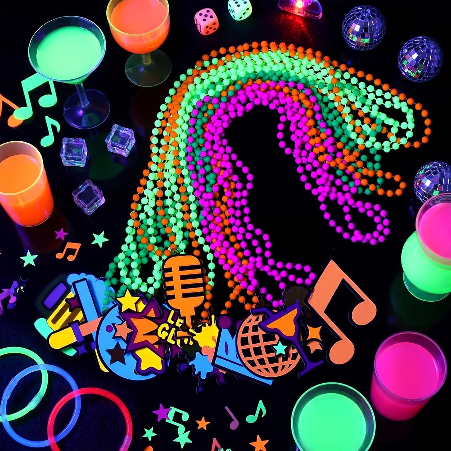 24 Pcs Glow in The Dark Beads Necklaces with Pendants, Neon Glow in The Dark Party Supplies, 33" Colorful UV Black Light Beads Necklace Glowing Photo Props for Neon Night Birthday Party Accessories