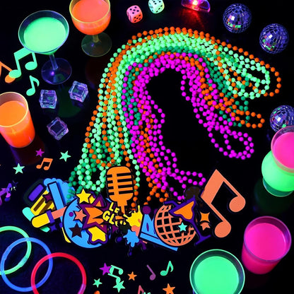 24 Pcs Glow in The Dark Beads Necklaces with Pendants, Neon Glow in The Dark Party Supplies, 33" Colorful UV Black Light Beads Necklace Glowing Photo Props for Neon Night Birthday Party Accessories