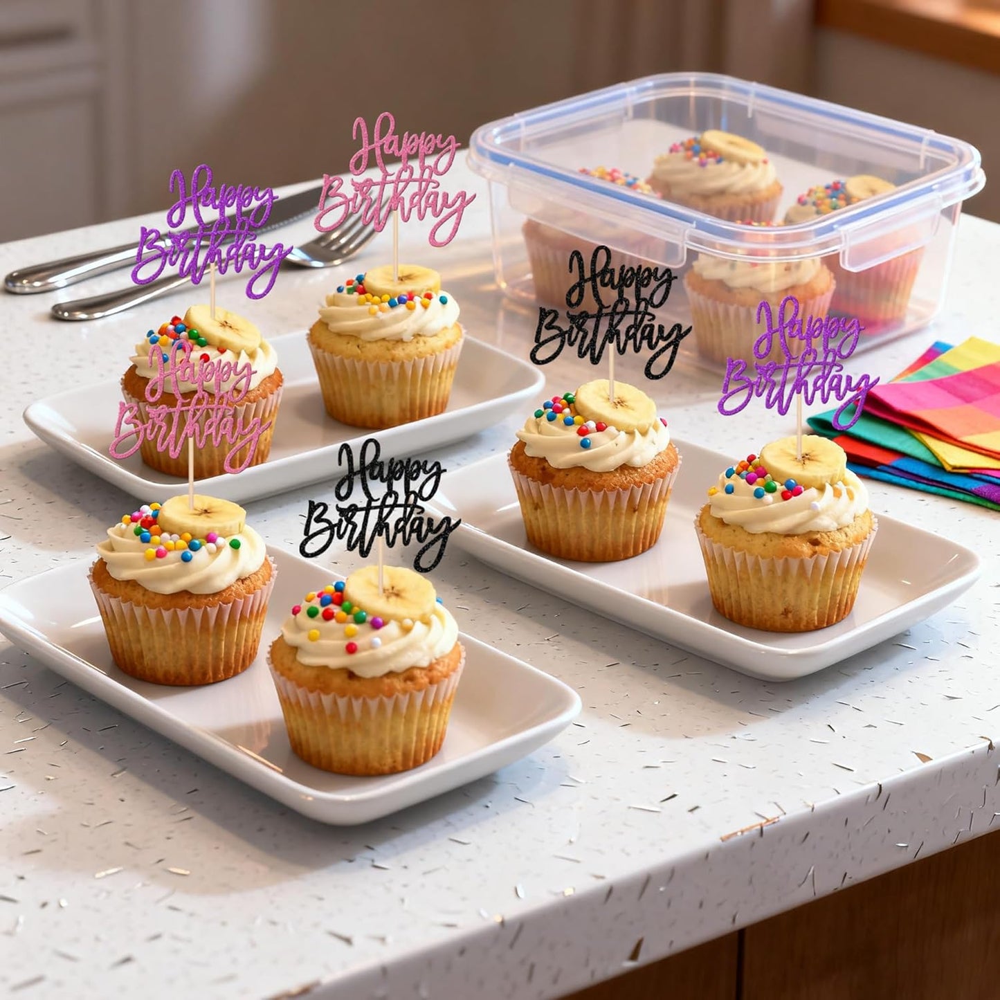 24 PCS Happy Birthday Cupcake Toppers Glitter Picks for Celebrating Anniversary Theme Party Cake Decorations Supplies Gold