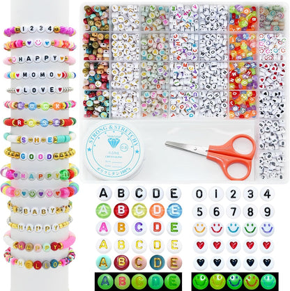 Amaney 1400pcs Glow Letter Beads, Heart Beads Whit Elastic Beading Cord,4x7mm Round Acrylic Alphabet Beads for Friend Bracelet Jewelry Making