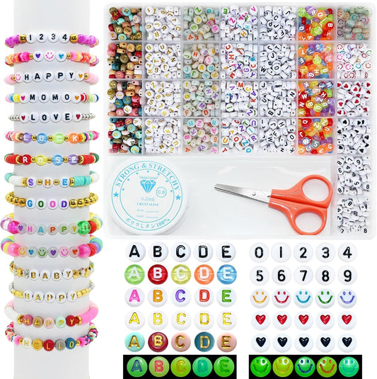 Amaney 1400pcs Glow Letter Beads, Heart Beads Whit Elastic Beading Cord,4x7mm Round Acrylic Alphabet Beads for Friend Bracelet Jewelry Making