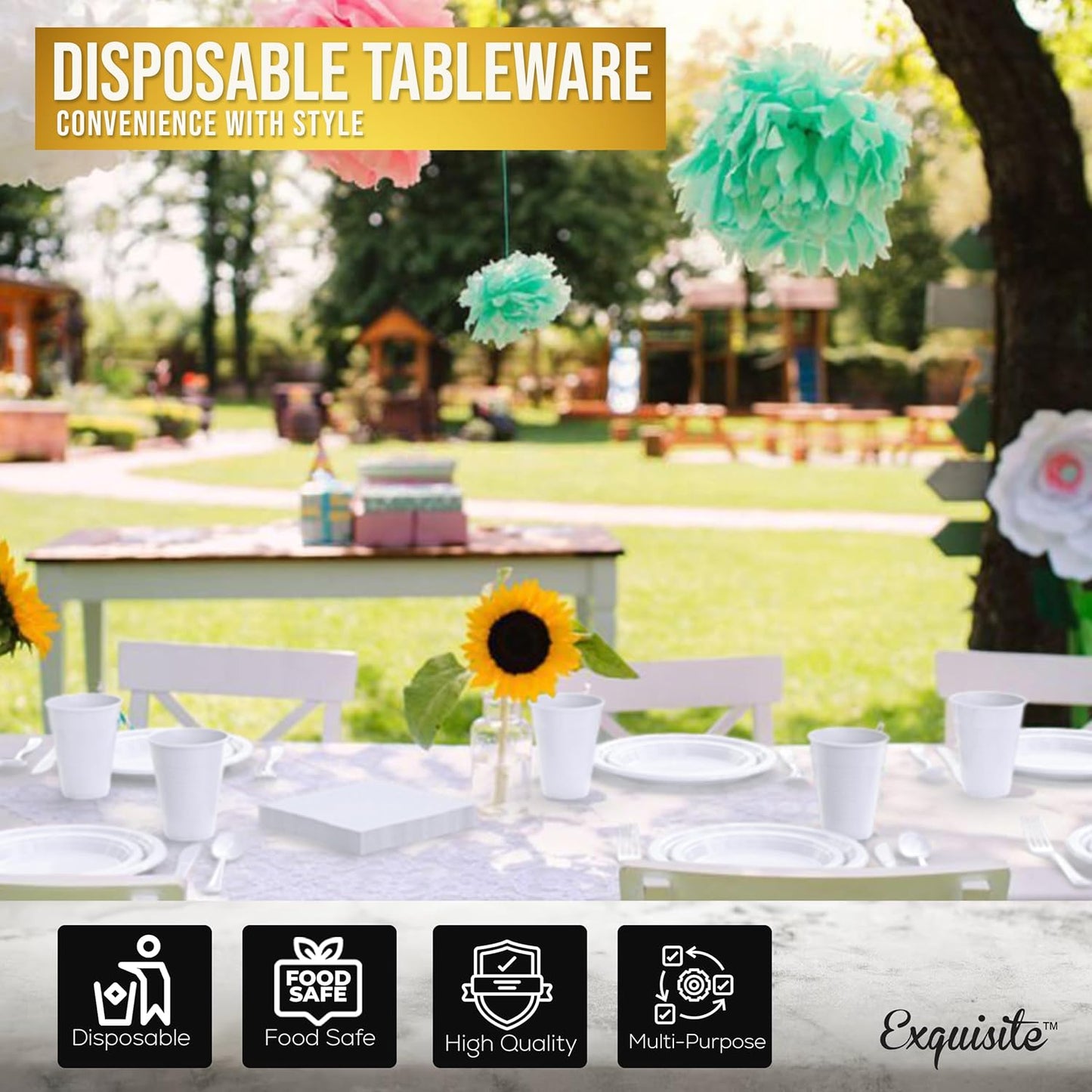 350 Pcs Black Plastic Plates For Party, Black Disposable Plates Set, 50 Of Each 9" Dinner Plate Set, 7" Dessert Plate, Cups, Napkins & Cutlery Plastic Dinnerware Set Exquisite