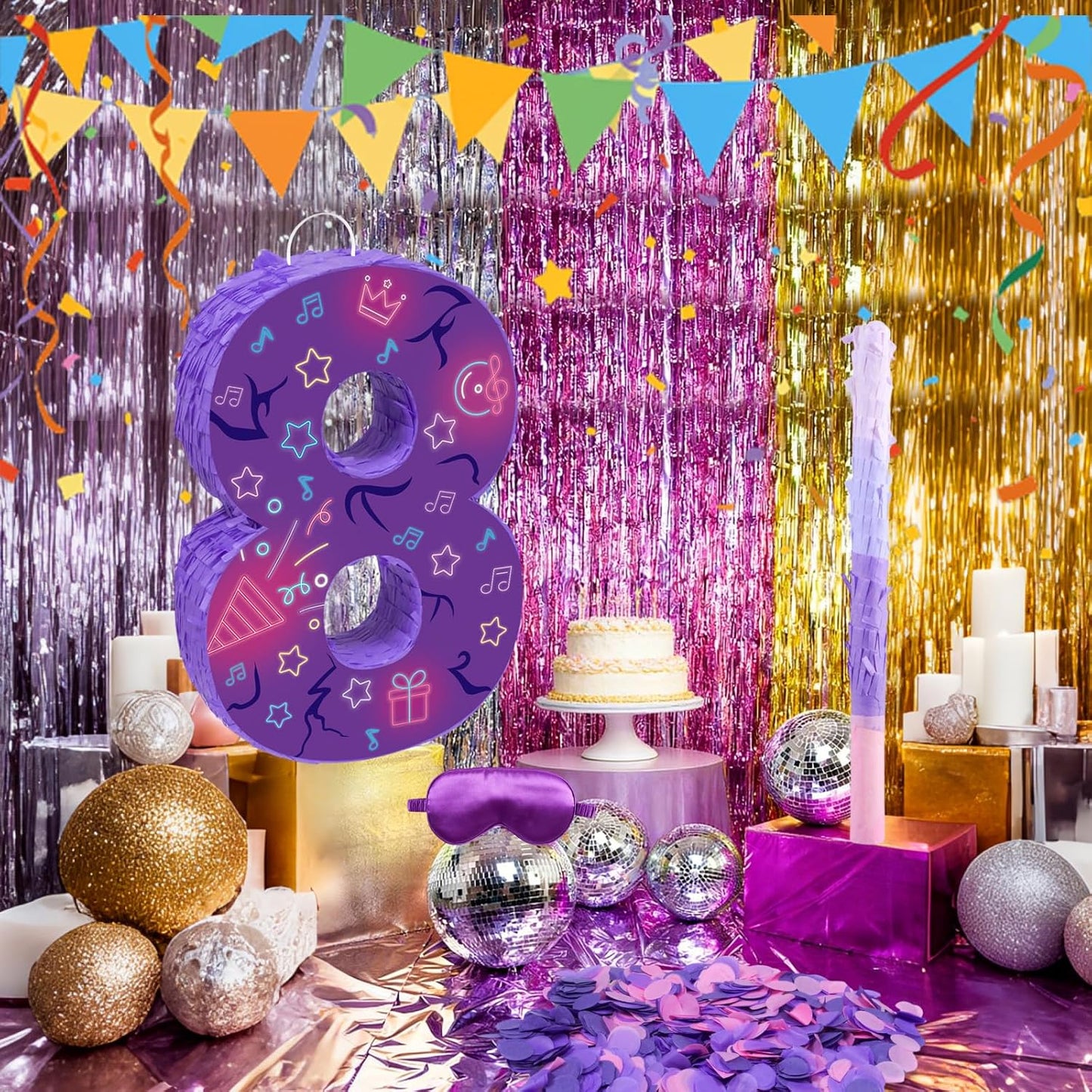 Musical Note Birthday Decorations, 15.7 x 11.5 x 3 Inch Purple Musical Note Number 7 Pinata with 16 Inch Piñata Stick Blindfold Confetti for 7th Music Theme Birthday Party Supplie
