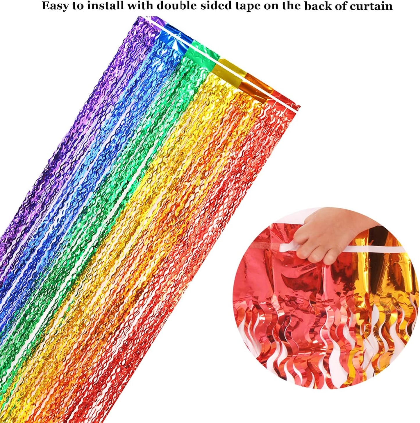 3 Pack Colorful Foil Fringe Curtain Backdrop - 6.6 x 3.3 ft Wavy Rainbow Tinsel Backdrop Curtain Metallic Streamers Iridescent Holiday Photo Booth Party Decorations