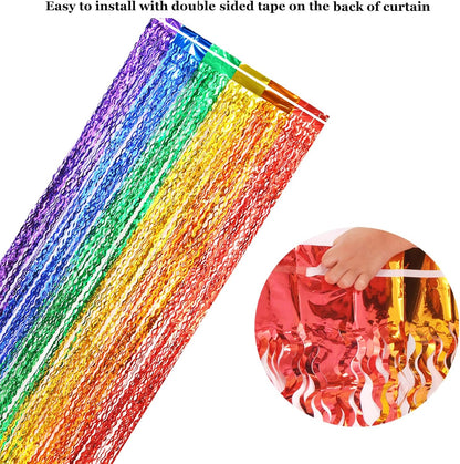 3 Pack Colorful Foil Fringe Curtain Backdrop - 6.6 x 3.3 ft Wavy Rainbow Tinsel Backdrop Curtain Metallic Streamers Iridescent Holiday Photo Booth Party Decorations