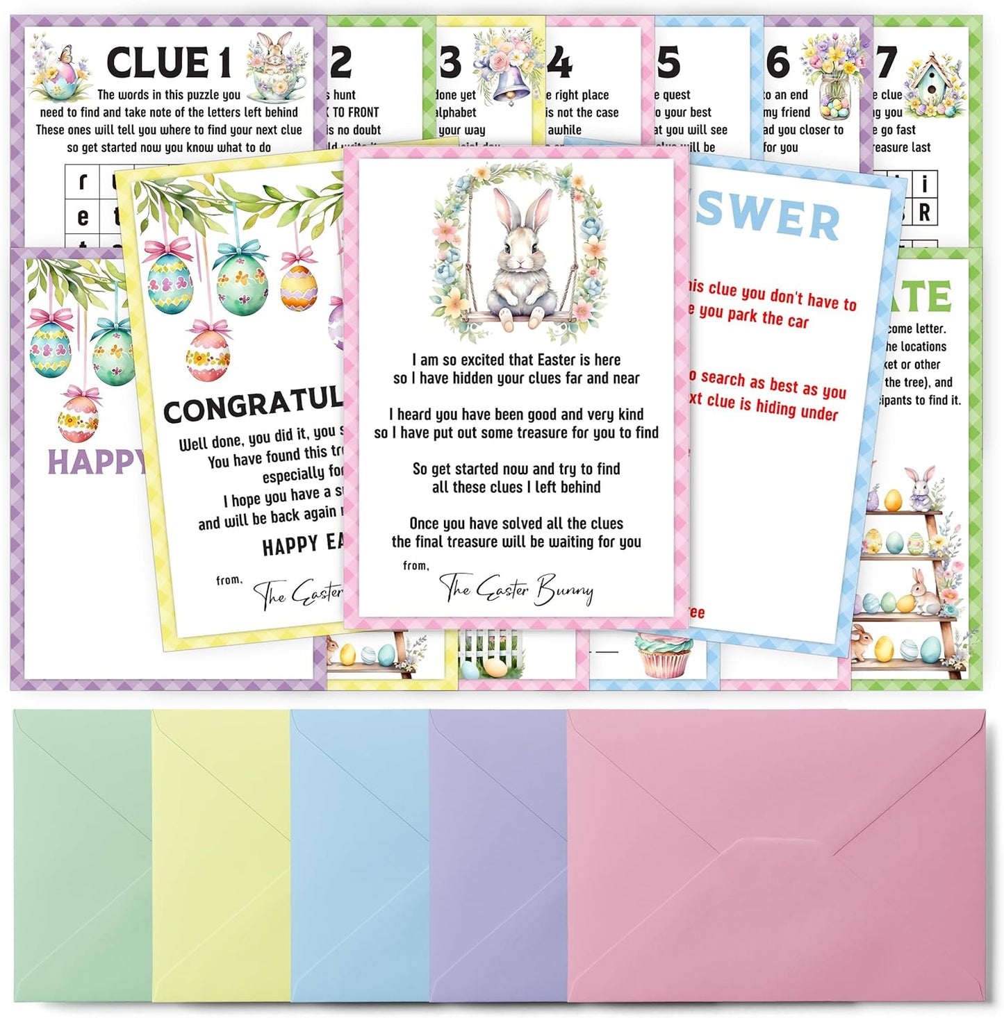 Easter Scavenger Hunt Games, Easter Treasure Hunt Clues Game Cards, Family Party Games for Kids and Adults, Holiday Party Game for Activities Decorations Supplies, 5x7 Inch (Indoor)-A03