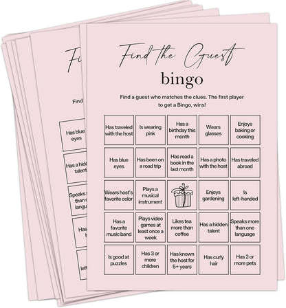 Find The Guest Bingo Cards – 25 Unique Cards, Icebreaker Party Games for Adults, Rustic Blush Pink Mingle Activity for Birthday Parties, Family Reunions, Office Events & Friendsgiving