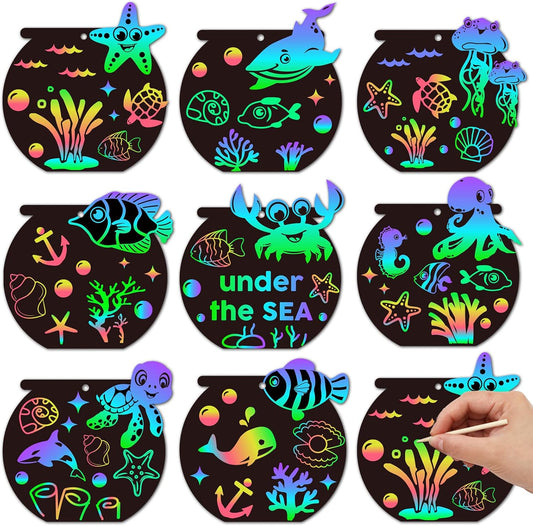 FYSUIMU 80Pcs Ocean Animals Scratch Art Crafts Rainbow Magic Scratch Off Card Kit DIY Under The Sea Bookmarks with 80Pcs Ribbons and 40Pcs Wooden Styluses for Summer School Activity Party Games