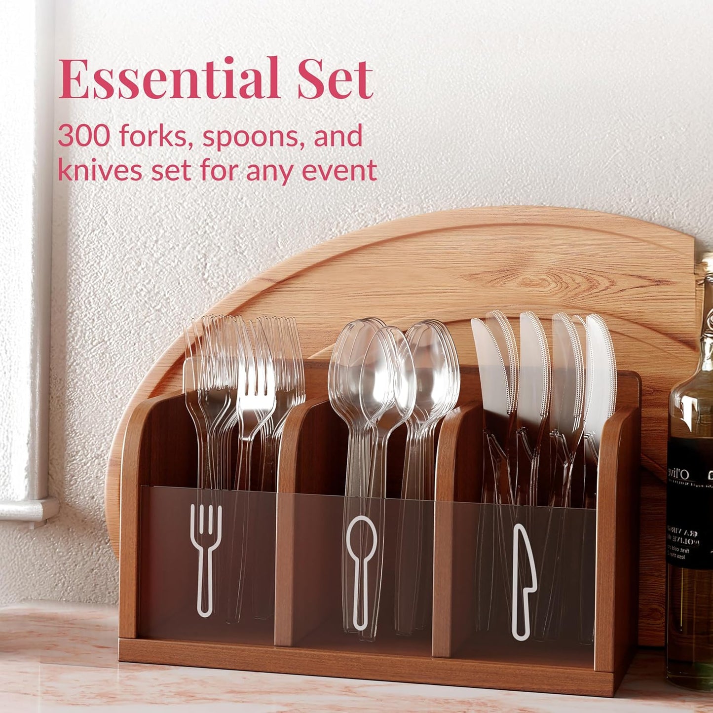 Prestee 300 Piece Heavy Duty Plastic Silverware Set - 100 of Each Silver Plasticware Forks, Spoons, Knives - Flatware Cutlery for Weddings - Durable Disposable Plastic Utensils for Catering, Buffets