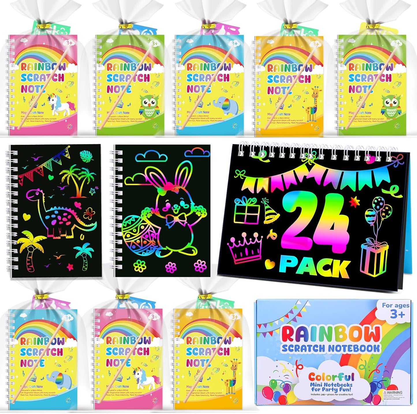 Elover Party Favors for Kids 4-8-12: 24 Pack Scratch Rainbow Art Crafts Notebook, Coloring Book Goodie Bags Stuffers Kit, Bulk Birthday Gift Classroom Prizes Girl Boy Toddler