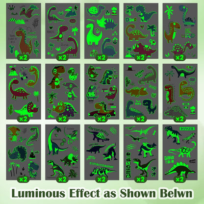 Partywind 380 Styles (30 Sheets) Luminous Tattoos for Kids, Mixed Styles Temporary Tattoos Stickers with Mermaid/Dinosaur/Space/Pirate for Boys and Girls, Glow Party Supplies