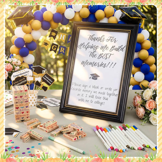 Gerrii 72 Pcs 2026 Graduation Guest Book Alternative for Sign in, 54 Wooden Block 16 Pens and Grad Photo Frame for Congrats Grad Party Supplies College High School (Black Photo Frame)