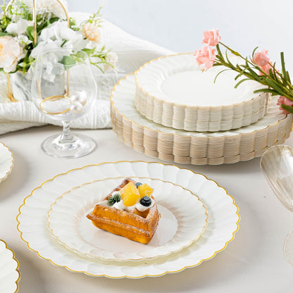 Lullaby 60PCS Ivory Scalloped Plastic Plates with Gold Rim, Disposable Elegant Plates Include 30pcs Dinner Plate 10.25", 30pcs Plastic Dessert Plate 7.5", Perfect for Wedding and Party