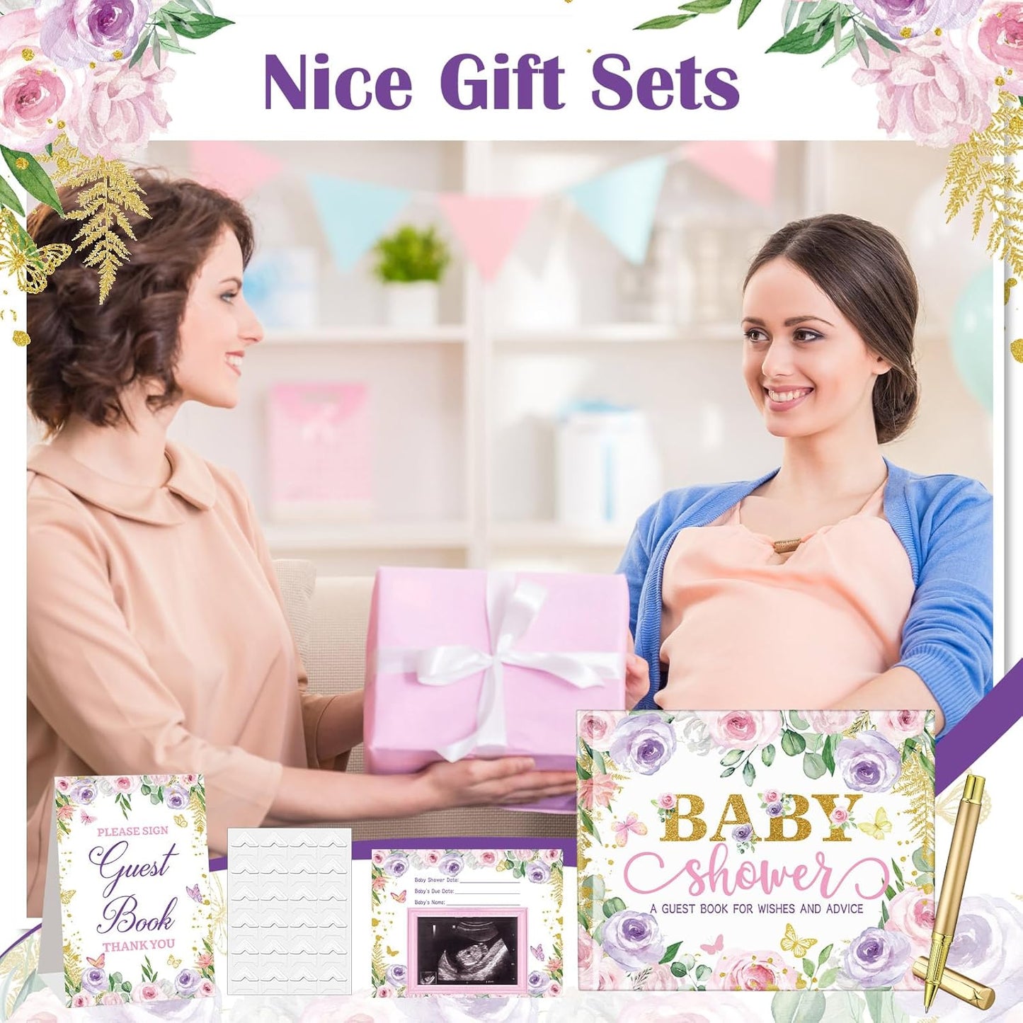 Fuyoooo 27 Pcs Safari Animal Baby Shower Guest Book Set Baby Shower Sign in Guest Floral Book Place Table Cards with Gold Pen Adhesive Photo Corner for Birthday Party