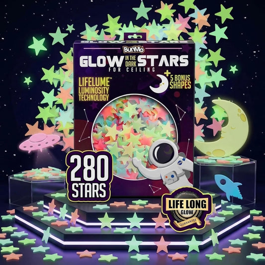 BUNMO Glow in The Dark Stars for Ceiling & Walls – 280 Piece Bright Wall Stickers, Long Lasting Non-Toxic Decals with Moons & Planets for Kids Bedroom, Nursery & Room Decor