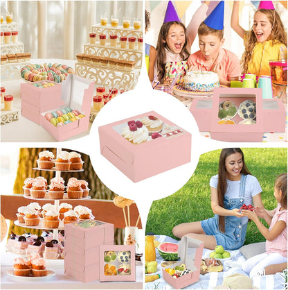 OAMCEG 50 PCS Cupcake Boxes with Window, 6x6x3 Inch Cookie Boxes, Bakery Treat Boxes for Pastry, Dessert, Chocolate Strawberries, Cupcake Containers, Gift Giving with Stickers & Twine （Brown）