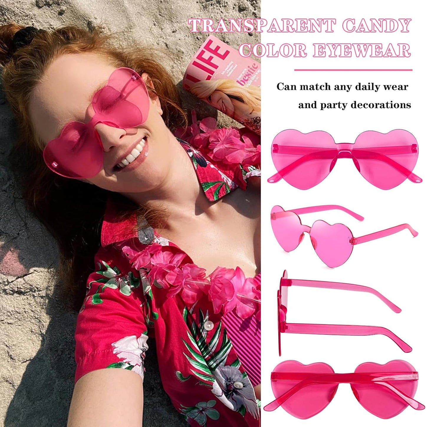 Matcheck 16 Heart Shaped Rimless Sunglasses Transparent Candy Colored Glasses Frameless Party Eyewear for Women