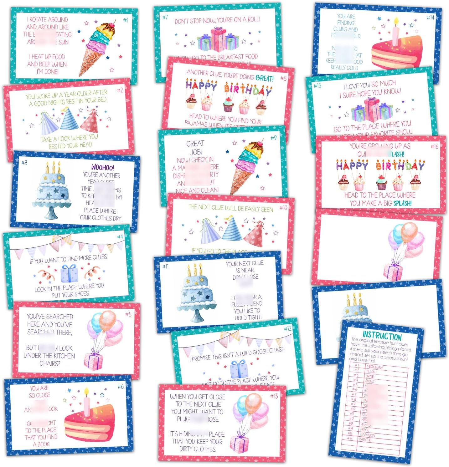 Birthday Treasure Hunt Clue Cards, Cake Scavenger Hunt Game, Set of 19 Cards and 18 Envelopes, Indoor Ourdoor Birthday Party Activities Celebration Game, Birthday Party Decorations - SR7