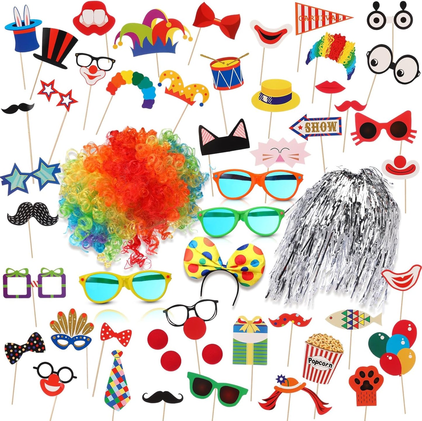 XunYee 57 Pcs Carnival Party Decoration Include Circus Photo Booth Props Clown Wig Silver Wig Clown Headband Clown Nose Funny Plastic Glass Clown Accessory Kit Party Supplies Carnival Birthday Party