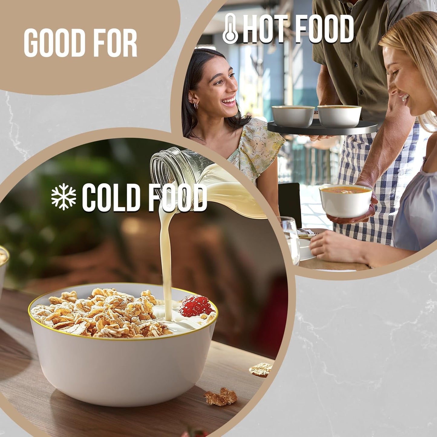 White Gold Rim Disposable Plastic Bowls - 16 Oz, 30 Count - Large, Heavy Duty - Perfect for Weddings & Parties