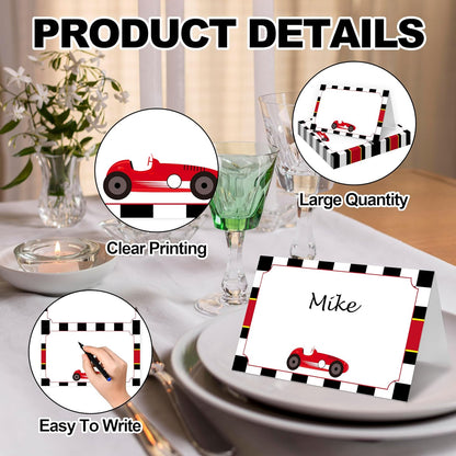Table Place Cards, Race Car Place Cards for Table Setting, Racing Car Themed Tent Style Food Name Labels, Receptions Parties Events Celebrations Fill-in Place Cards, 25 Pack -09