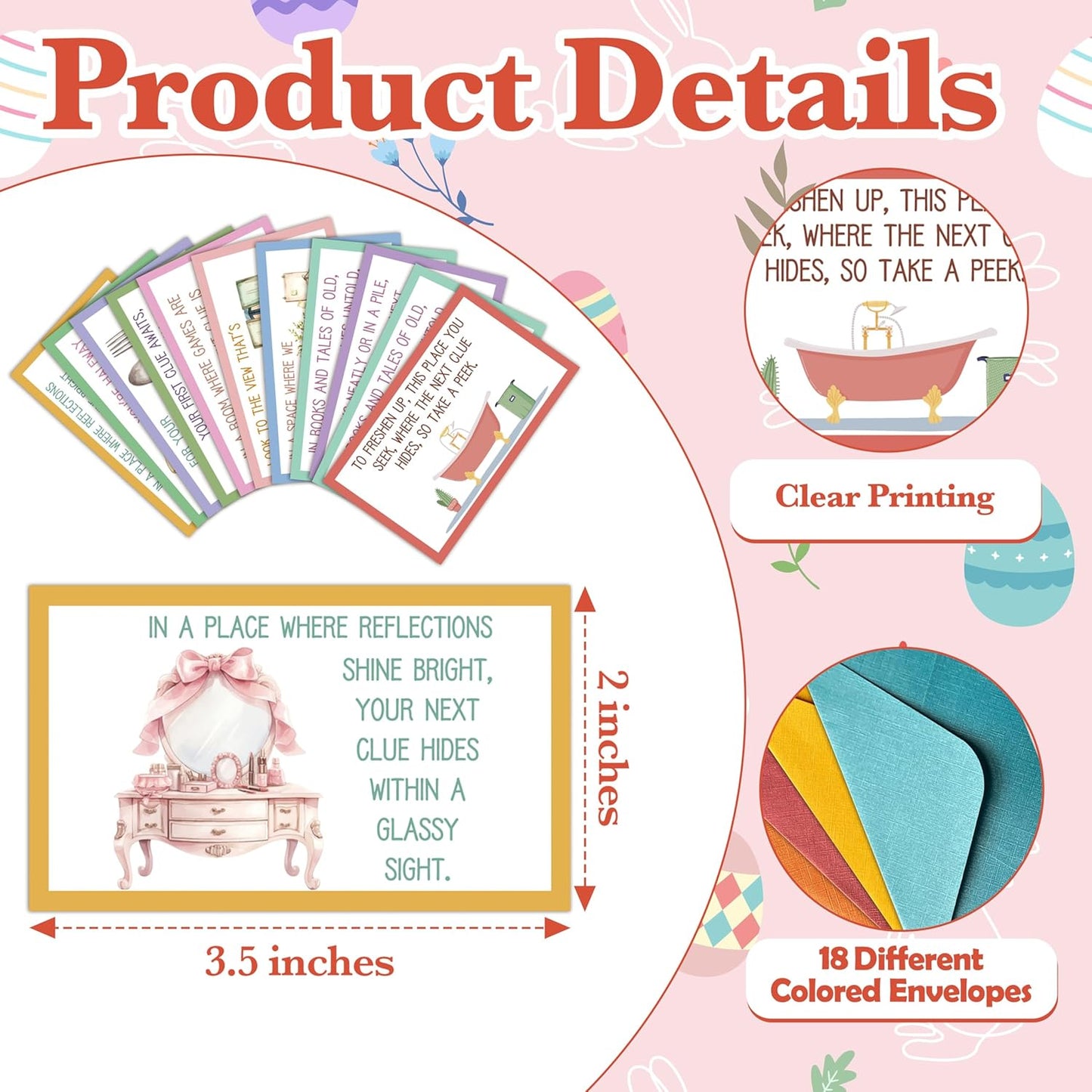 Scavenger Hunt Clue Cards, Indoor Easter Scavenger Hunt Games for Adults, Holiday Birthday Easter Party Supplies Activities for Family Friends (18 Clues Cards with Envelopes), 06