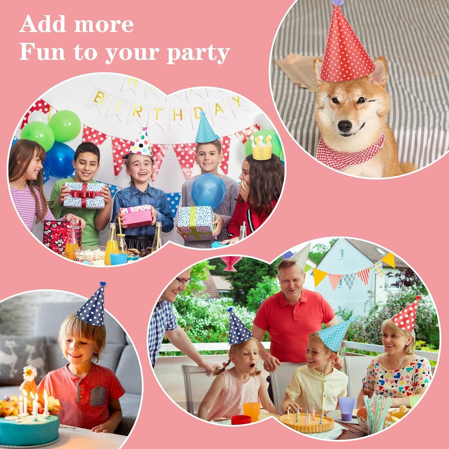 Thinp 11 Pcs Adorable Party Hats Set - 9 Cone Hats with Pom Poms & 2 Paper Crowns for Pet Birthday Party Decor