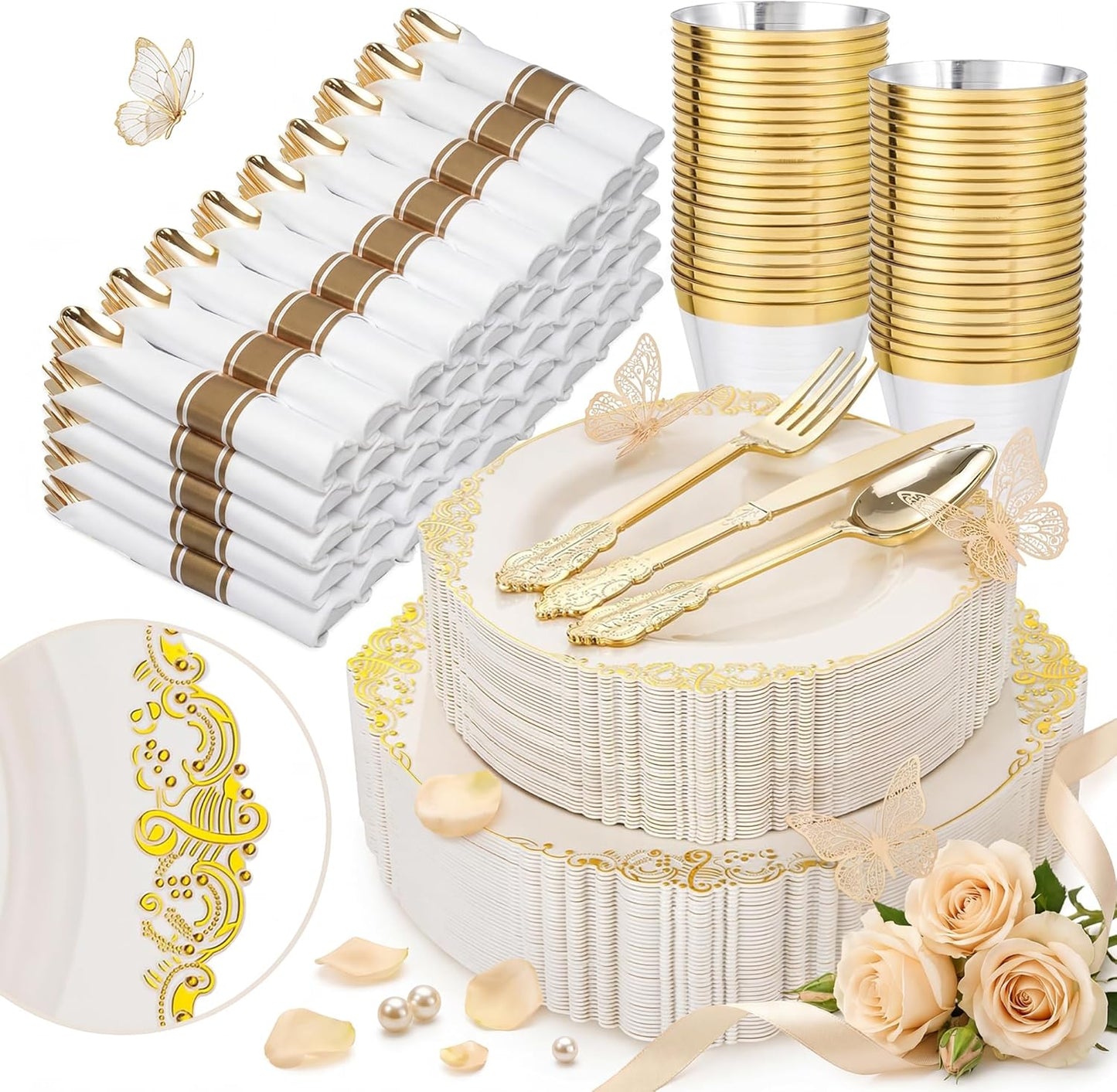 Nervure 350PCS Gold Plastic Plates - Gold Plastic Dinnerware Sets for 50 Guests - 100 Disposable Plates, 150 Silverware, 50 Cups, 50 Napkins for Wedding & Party & Mothers Day