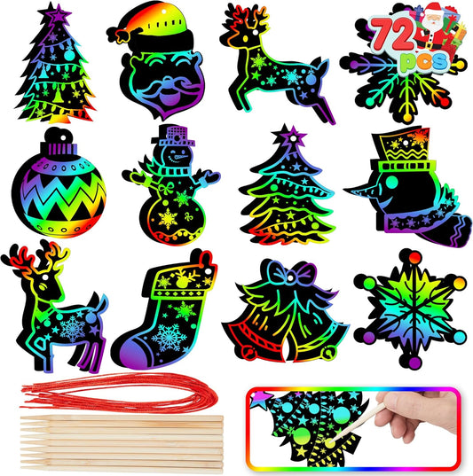 JOYIN 72 Pcs Christmas Scratch Art Ornaments, Scratch Paper Craft Kit Include Snowman, Snowflakes, Christmas Tree, and Reindeer, Rainbow Color Scratch Off Hanging Ornament for Kids Party Favors