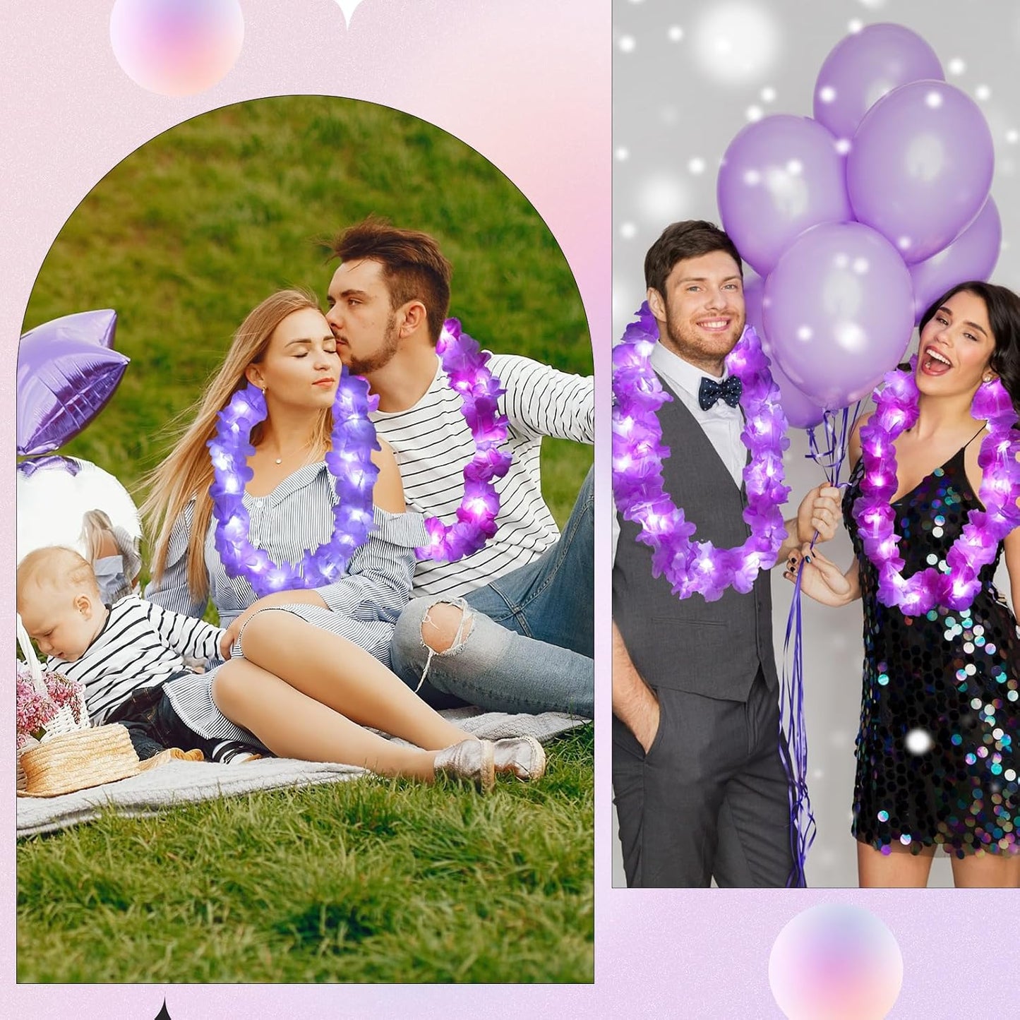 Sherr 24 Pcs LED Leis Light Up Purple and Gold Hawaiian Flower Necklaces, Graduation 2026 Party Supplies, Class of 2026 Leis for Beach Wedding Luau Glow Party Favors