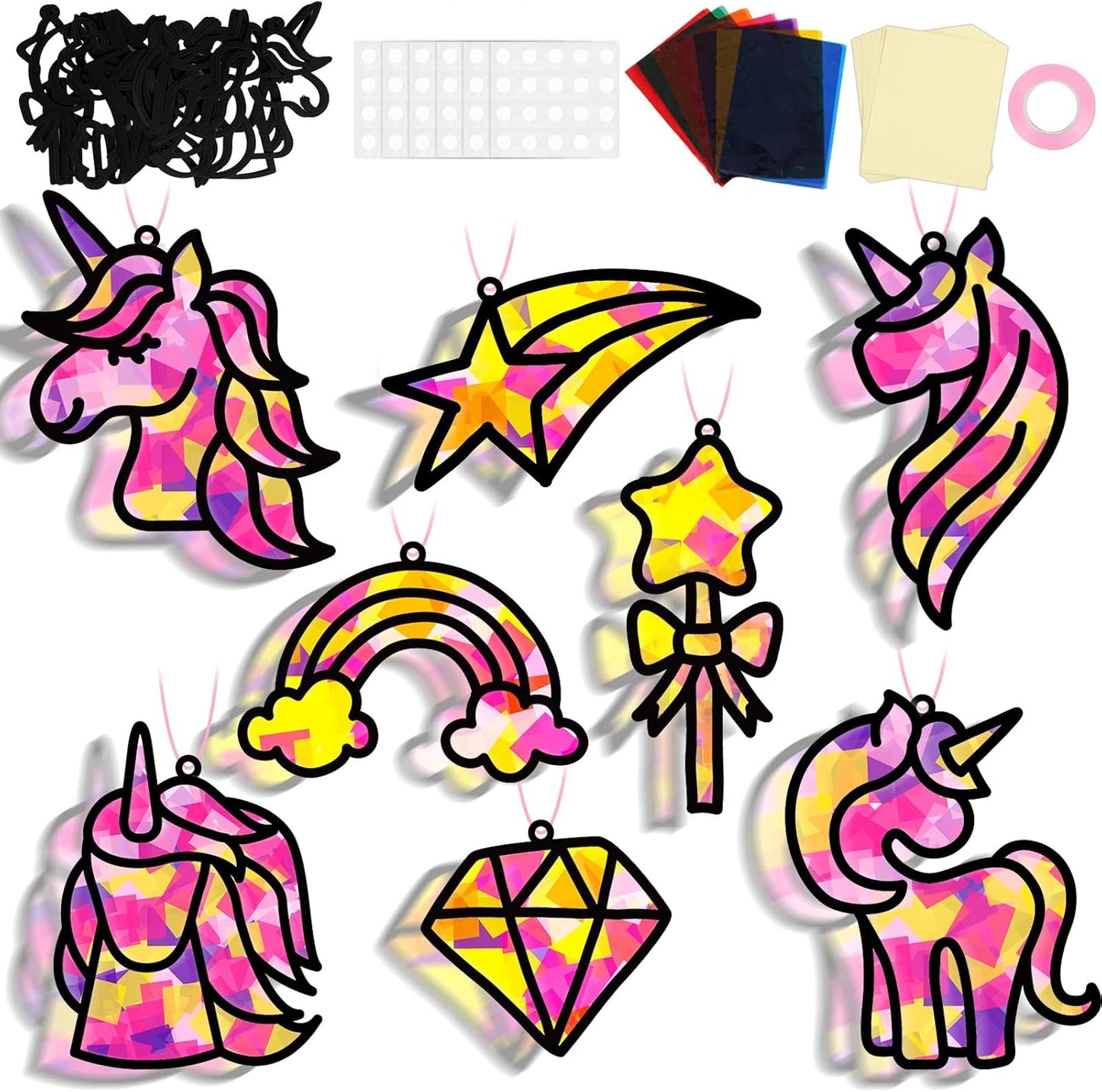QOUBAI 32 Sets Stars Suncatchers Craft Back to School DIY Stained Glass Window Patriotic 4th of July Paper Craft Home School Classroom Decor Kid Birthday Gift Creative Art Activity Game - Colors A