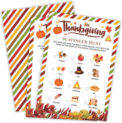Thanksgiving Scavenger Hunt Game Set, 30 Harvest Stripes Theme Double-Sided Game Cards for Thanksgiving Parties, Family, Friends & Classroom Activities -B04