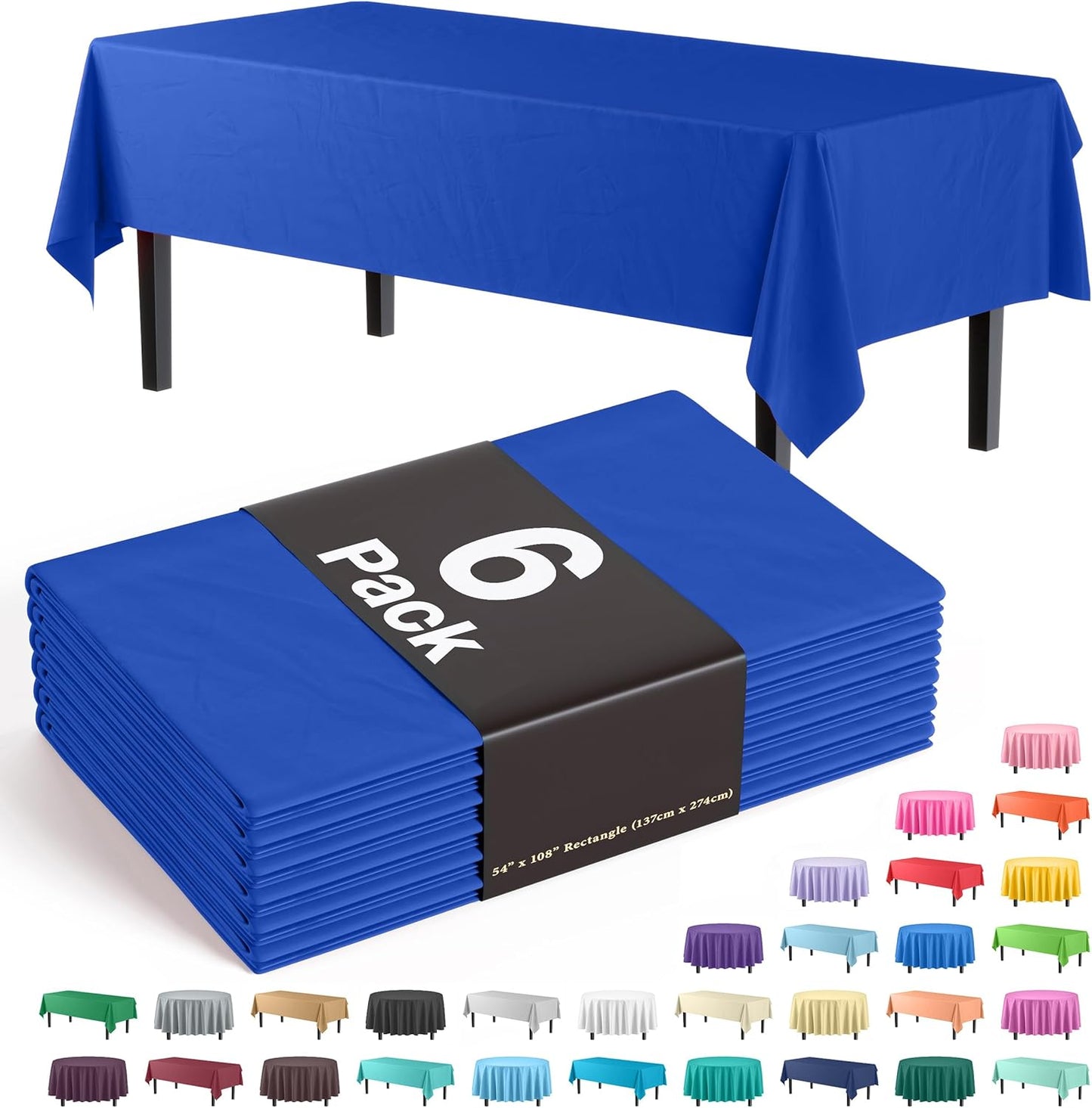 Exquisite Party Solids 6-Pack Premium Plastic Tablecloth 54in. x 108in. Rectangle Plastic Table Cover - Navy