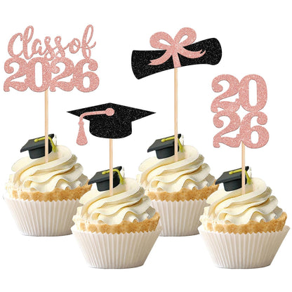36 PCS 2026 Graduation Theme Cupcake Toppers Glitter Class of 2026 Grad Cap Diploma Cupcake Picks 2026 Graduation Theme Party Cake Decorations Supplies Deep Blue