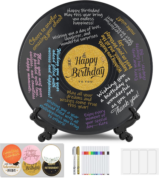 1 Pcs Retro Vinyl Record Guest Book for Party, Sign-in Board with 14 Pens & 6 Decorative Stickers, Birthday, Graduation, Retirement Guest Book Decor